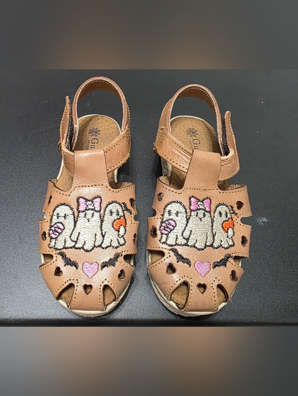 Kids Brown Leather Ghost Embroidered Sandals